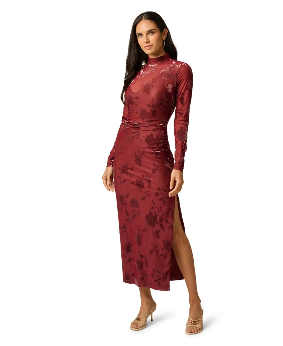 Velvet Burnout Midi Long-Sleeve Mock-Neck Floral Dress by Adrianna Papell