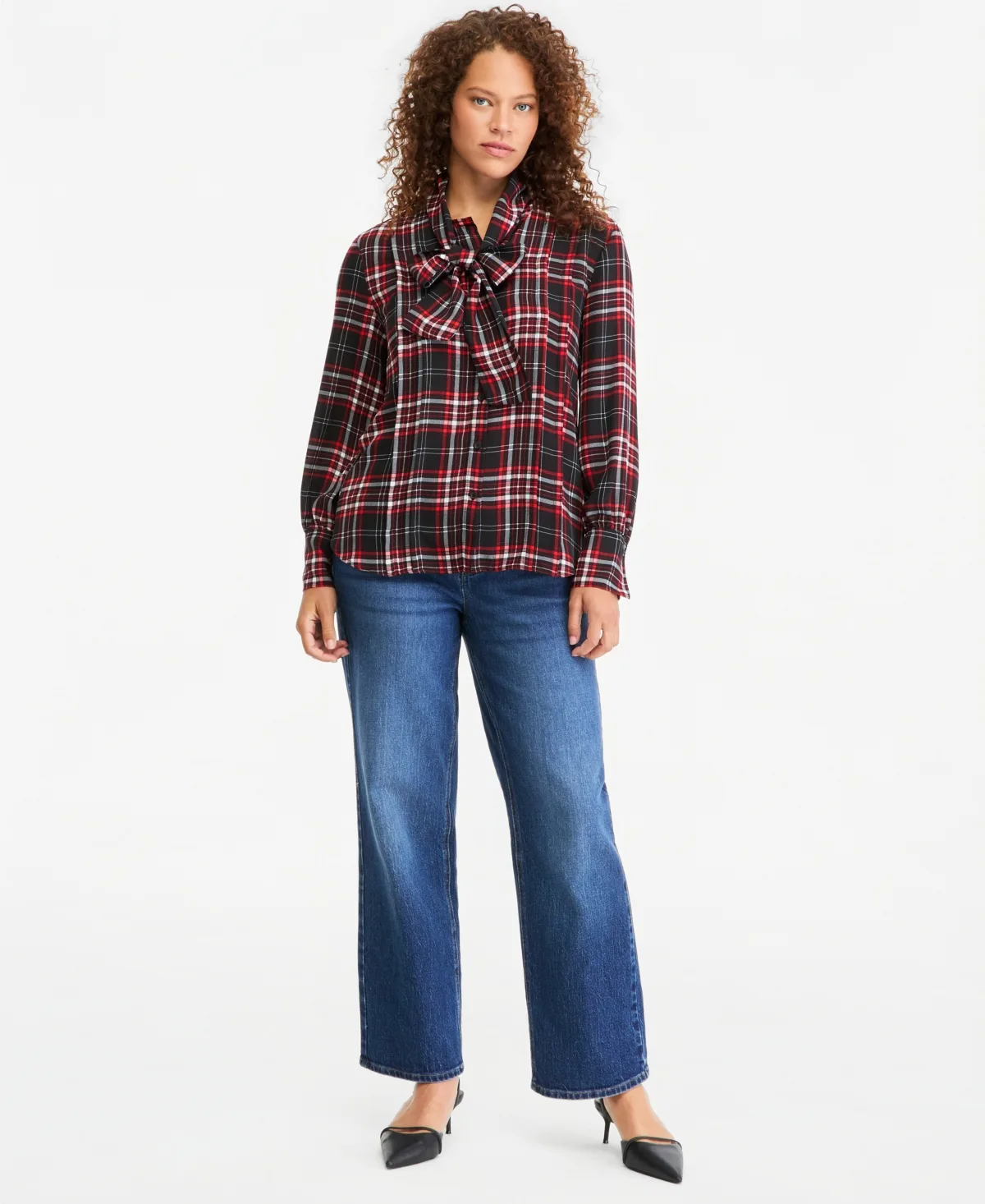 Plaid Tie-Neck Long-Sleeve Blouse by On 34th