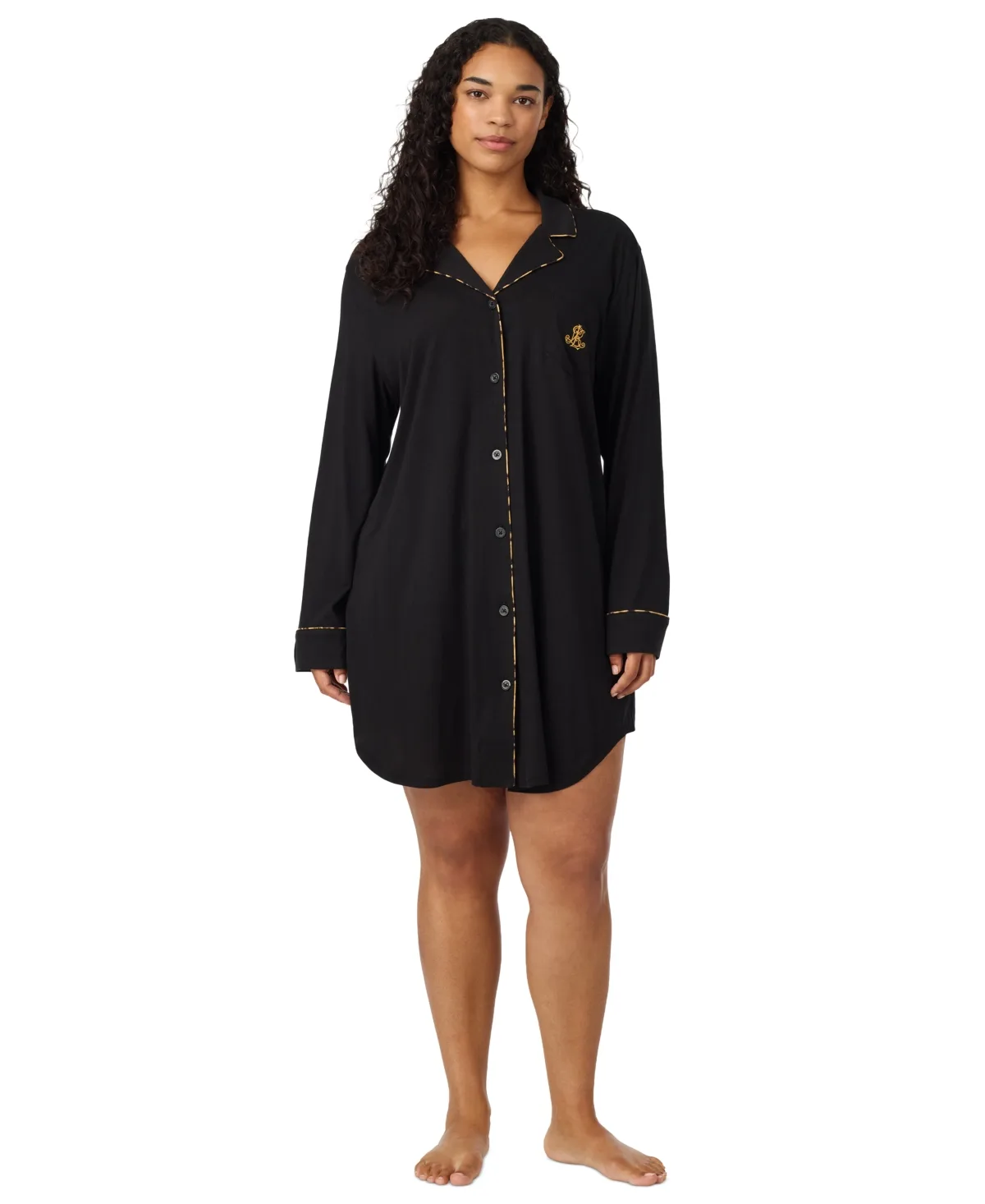 Lauren Ralph Lauren Long-Sleeve Notch Collar Cotton-Blend Sleepshirt by Ralph Lauren