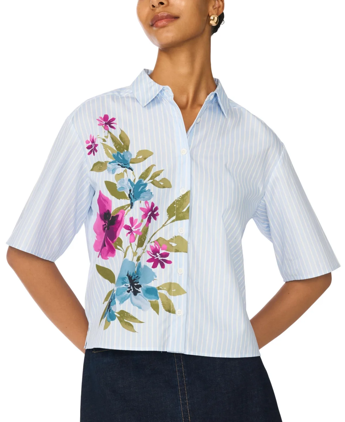 Vince Camuto Placement Print Button Up Striped Cropped Blouse by Vince Camuto