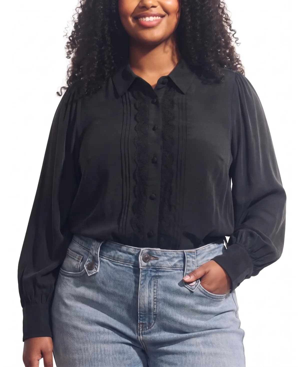 Universal Standard Spellbound Pleated Lace-Trim Collared Blouse by Universal Standard