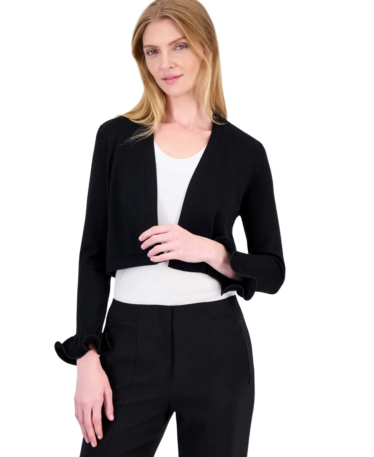Kasper Kiss Front Cropped Long-Sleeve Lettuce-Cuff Shrug by Kasper