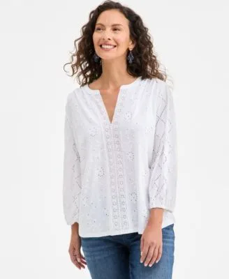 Style Co Split Neck Eyelet Embroidered Top by Style & Co