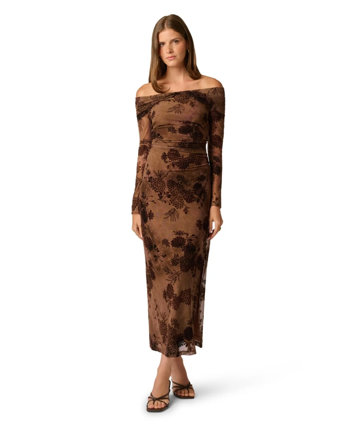 Off-the-Shoulder Burnout Mesh Long-Sleeve Dress by Adrianna Papell