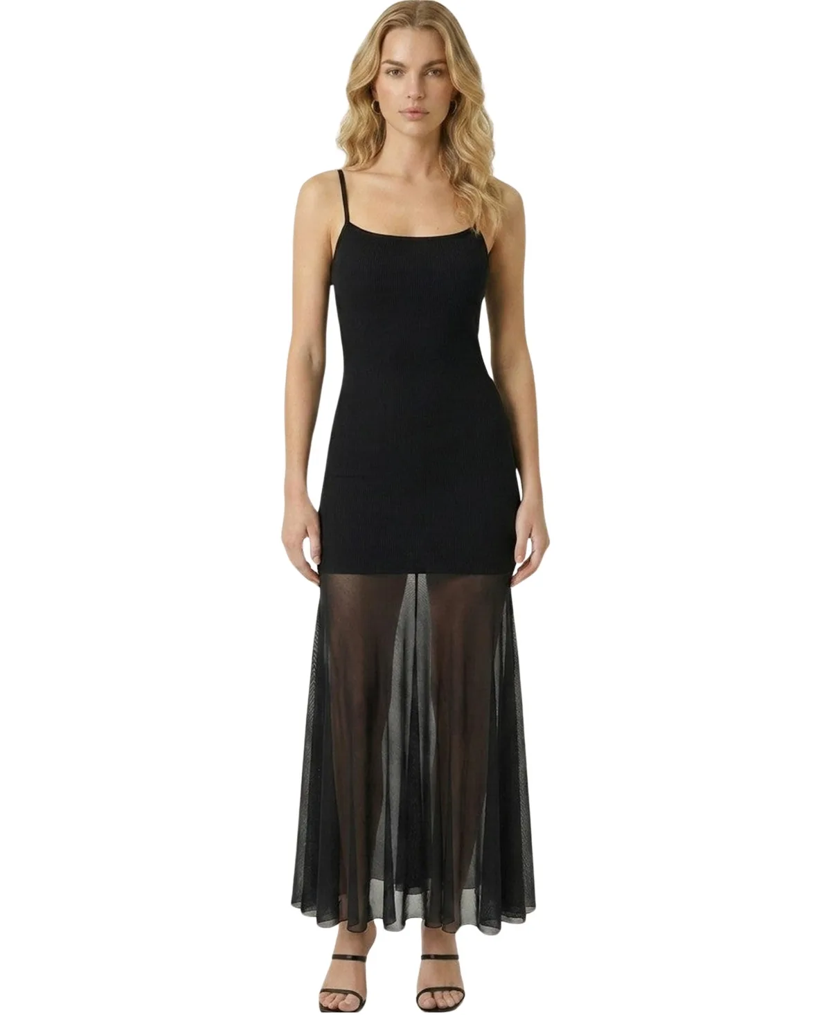 Sheer Mesh Spaghetti-Strap Maxi Dress