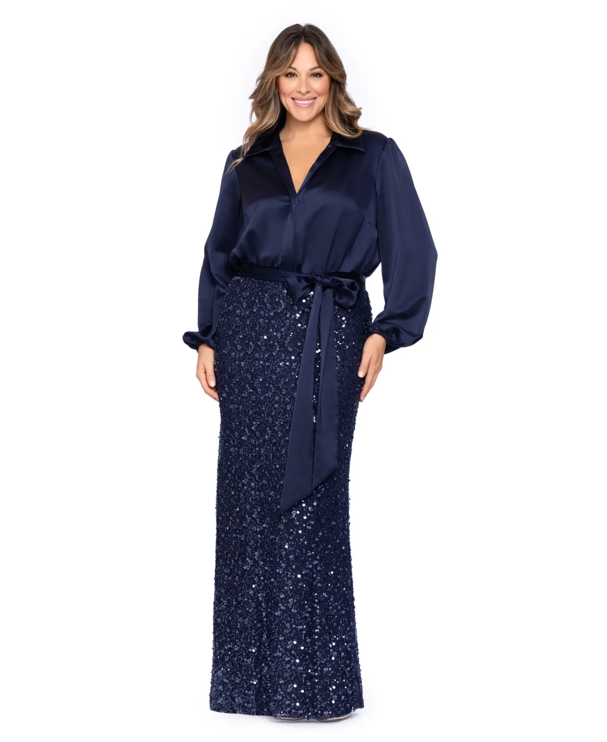Long-Sleeve Sequin-Embellished Wedding Guest Gown by Xscape