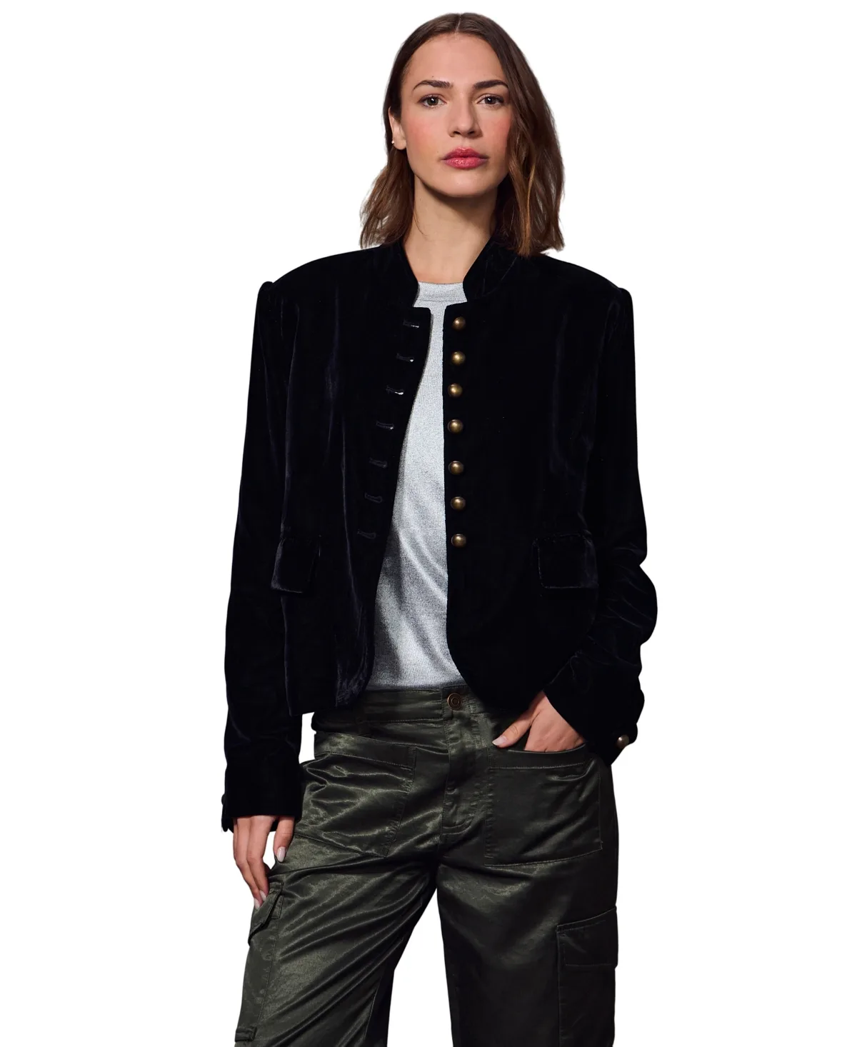 Matera Velvet Funnel Neck Military Button Details Jacket by Sanctuary