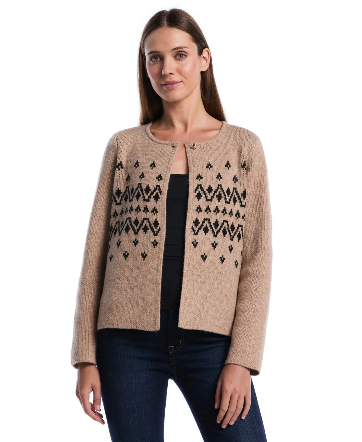 Argyle Open-Front Long-Sleeve Cardigan Sweater by Rafaella