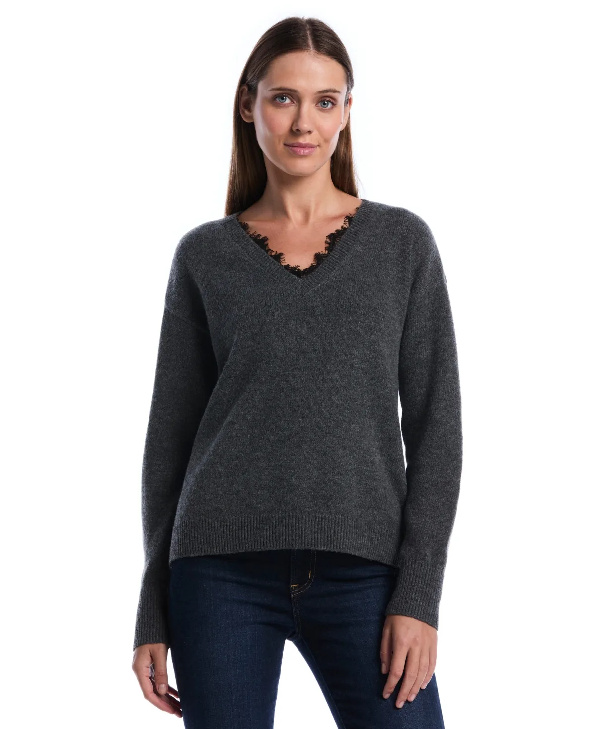 V-Neck Lace-Trim Long-Sleeve Sweater by Rafaella
