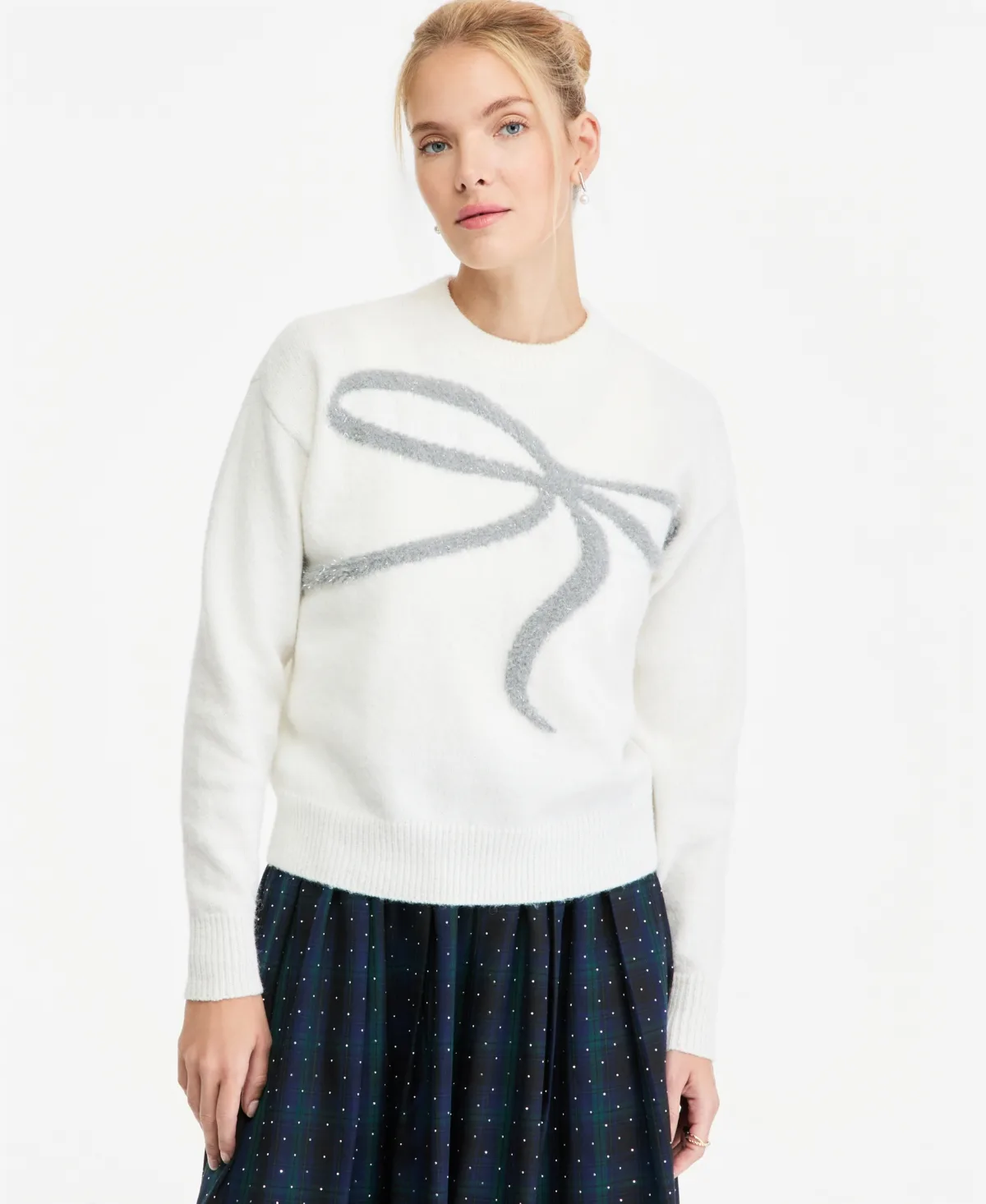 Crewneck Lurex Textured Bow Sweater by On 34th