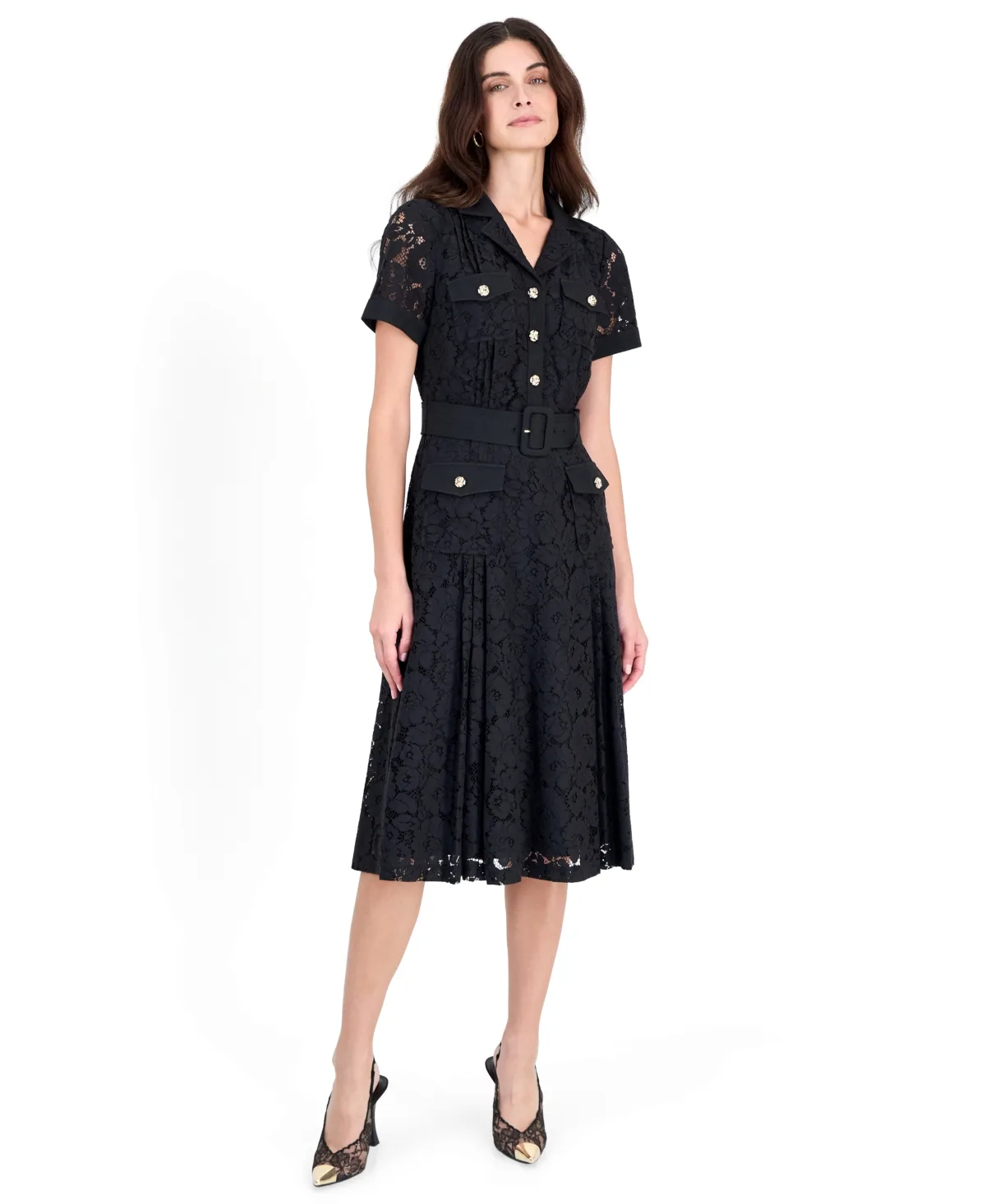 Floral-Print Short-Sleeve Lace Shirt Dress by Tahari