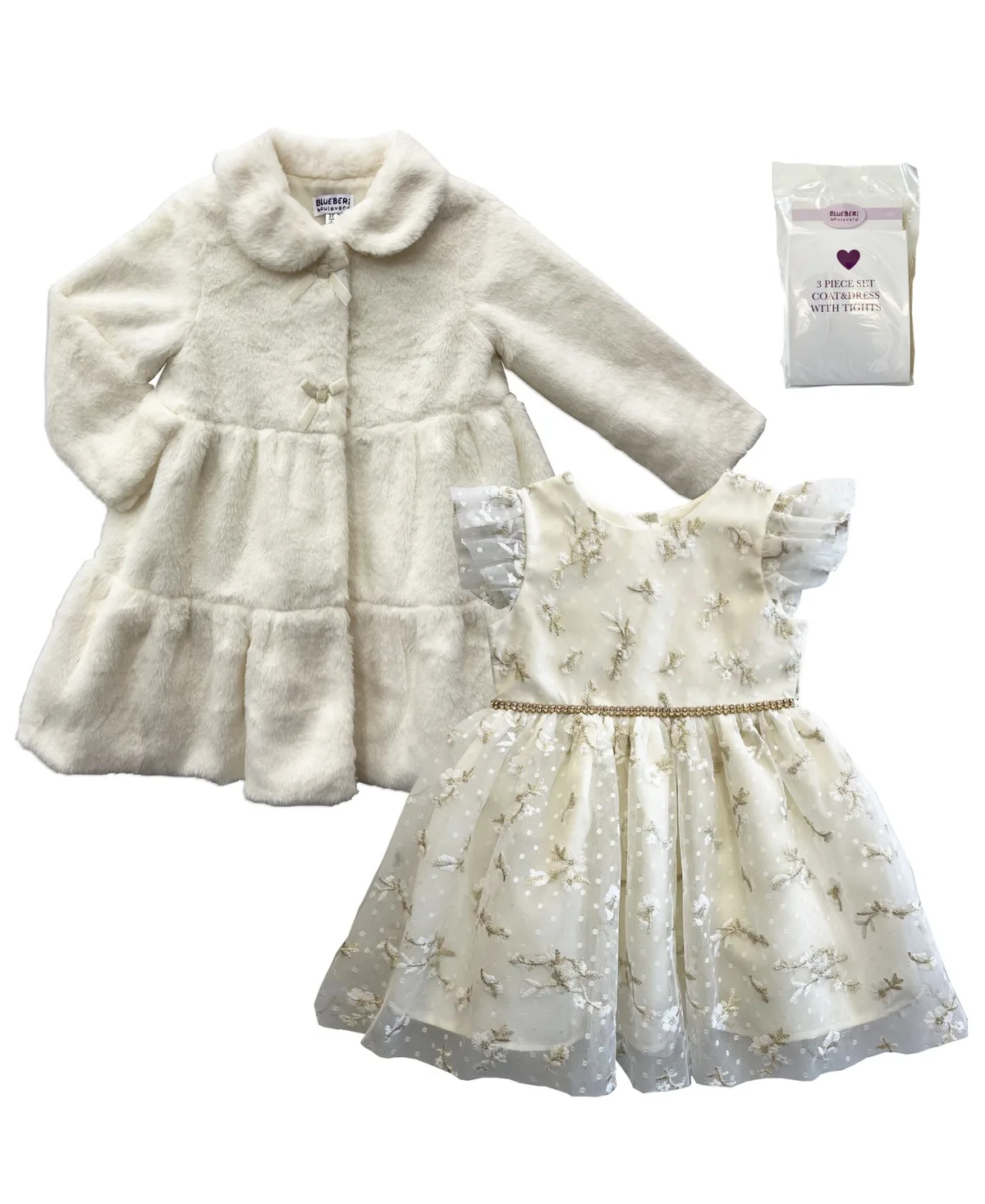 Fur Coat and Sleeveless Dress with Tights, 3-Piece Set by Blueberi Boulevard