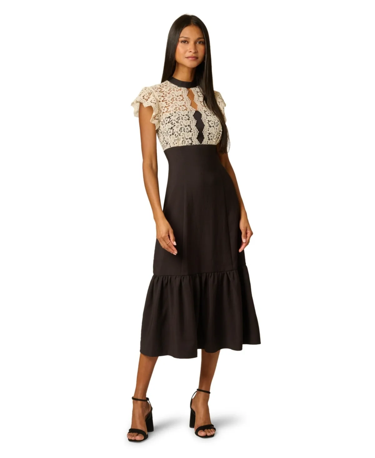 Mockneck Short Sleeve Lace Midi Dress by Adrianna Papell