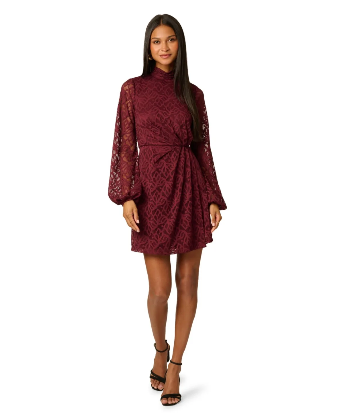 Halter Long-Sleeve Lace Mini Dress by Adrianna Papell