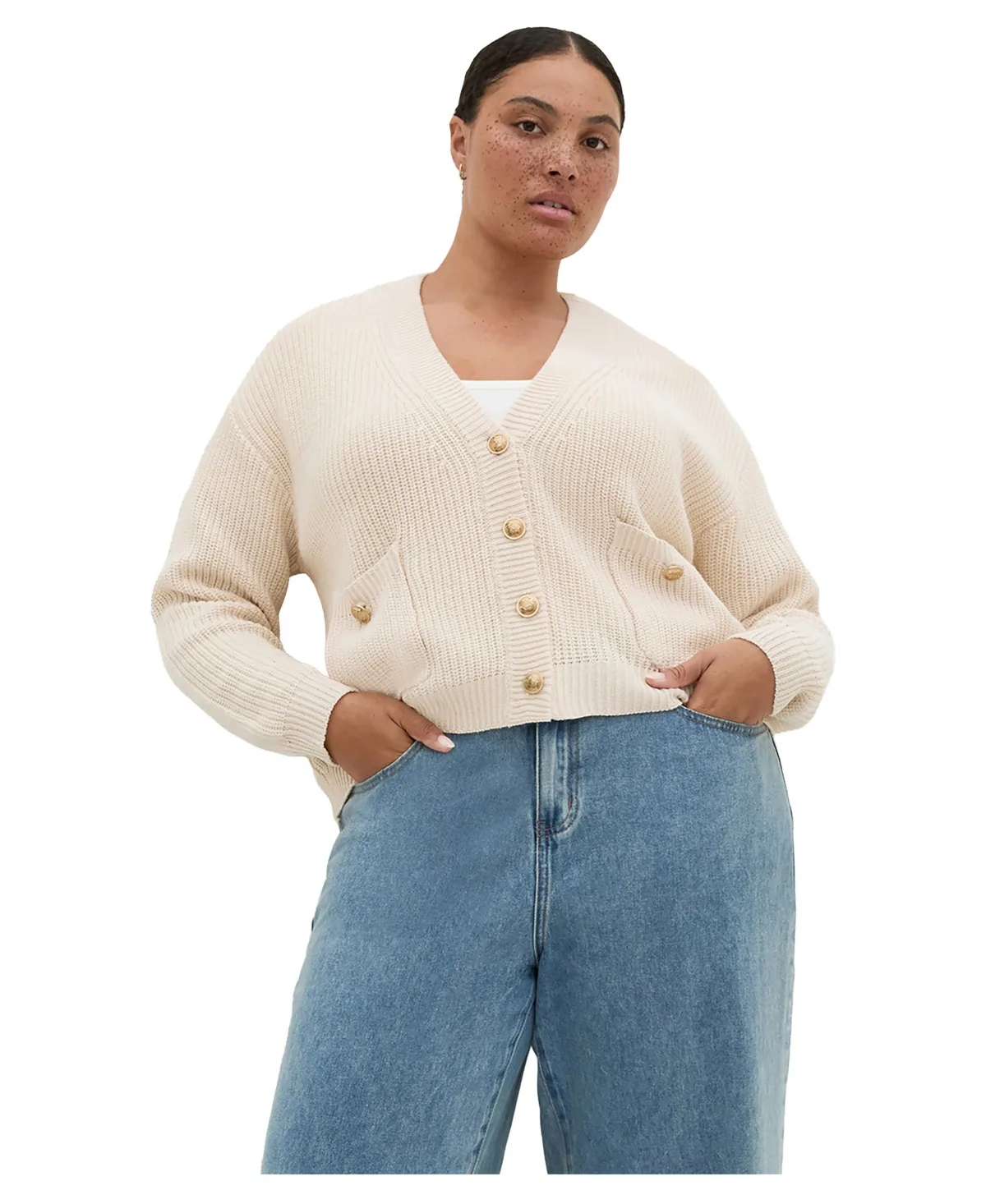 Chloe Fishermans Knit V-Neck Cardigan by City Chic