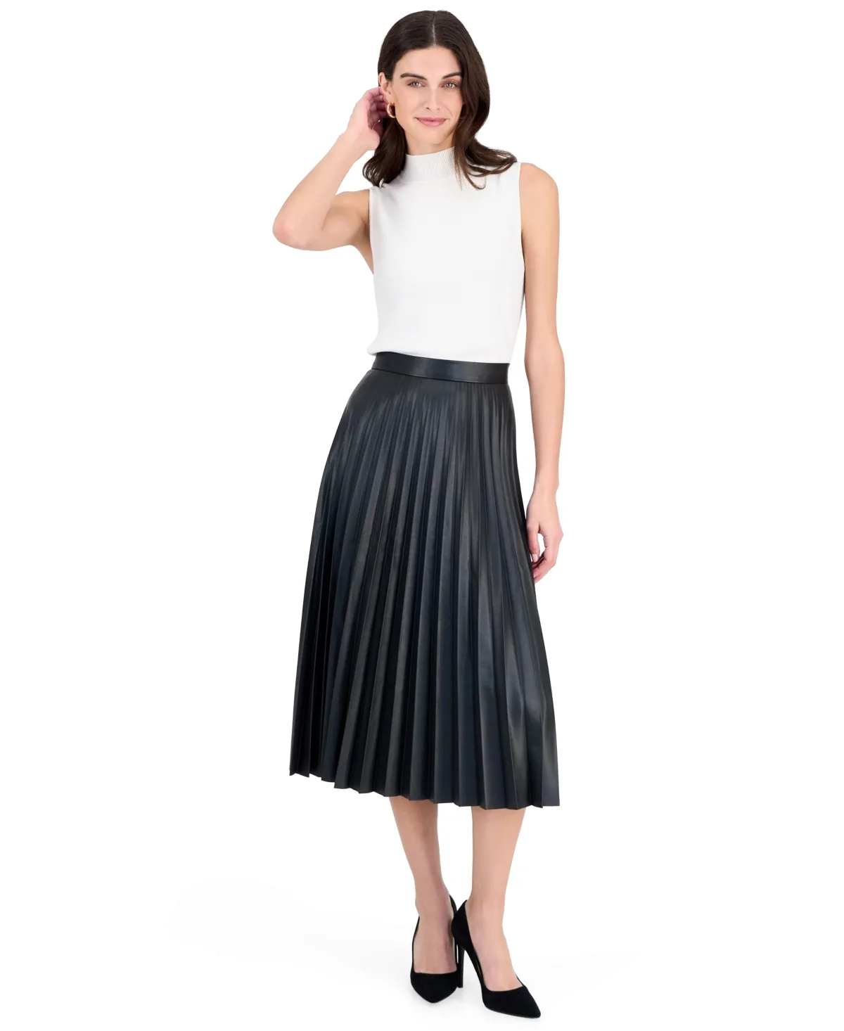 Pleated A-Line Faux Leather Skirt by Tahari