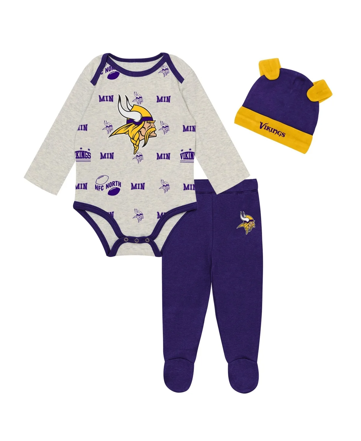 Huddles & Giggles Minnesota Vikings Long-Sleeve Footed Bodysuit, Pants and Hat, 3-Piece Set by Outerstuff