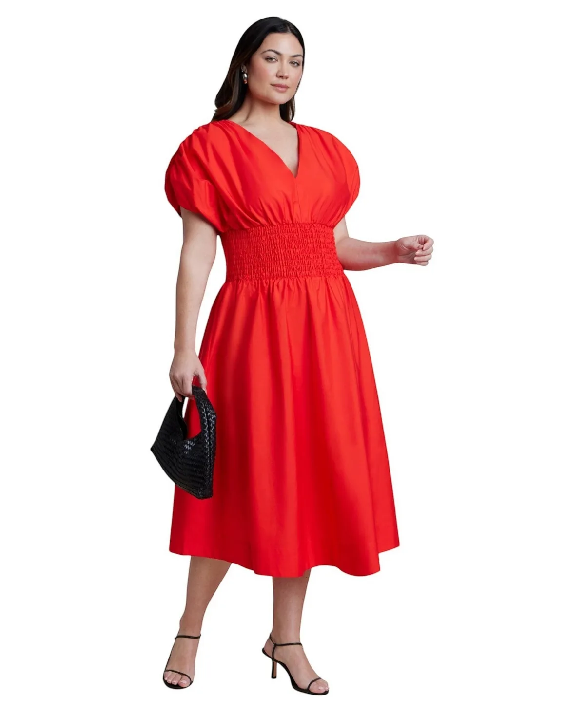 V-Neck Flared Smocked Midi Dress by Eloquii
