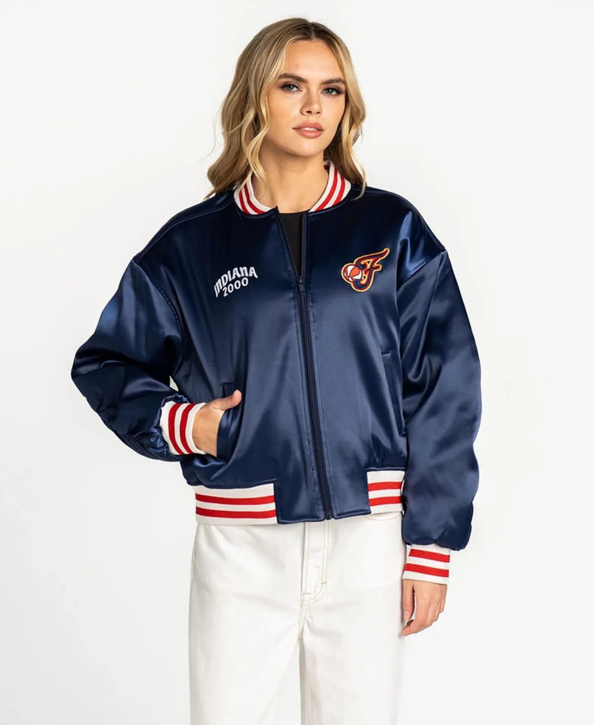 Indiana Fever Oversized Cropped Satin Full-Zip Bomber Jacket by The Wild Collective