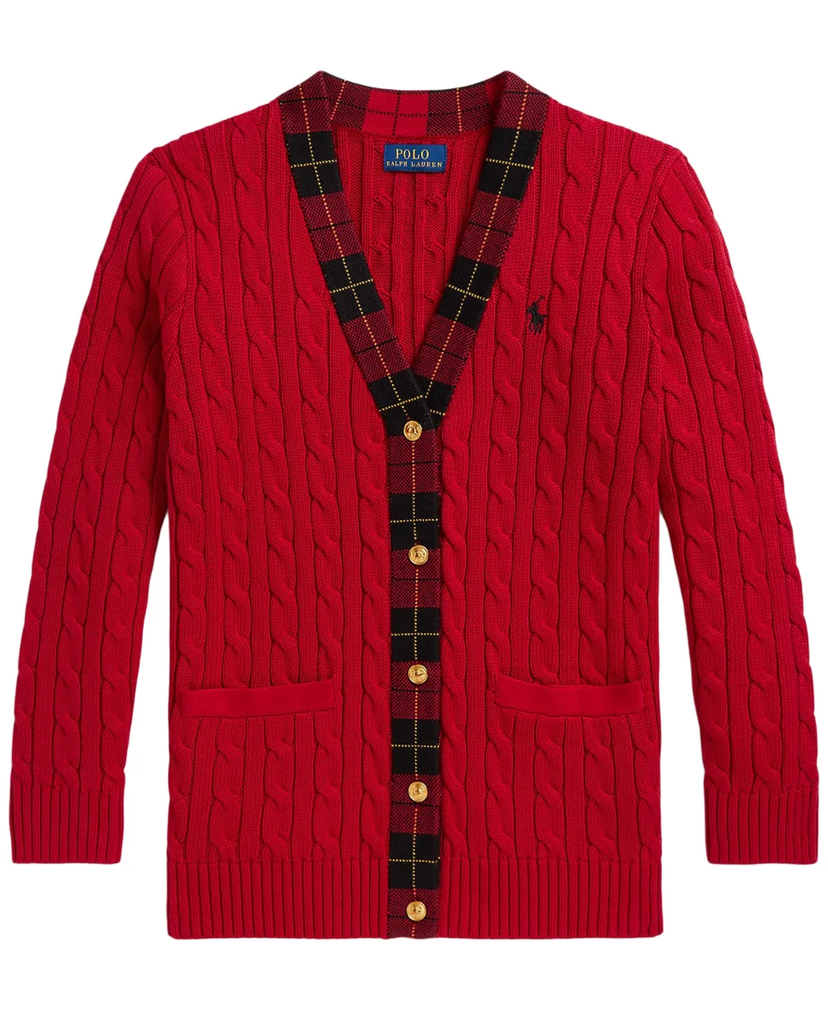 Plaid-Trim Cable-Knit Cardigan by Polo Ralph Lauren