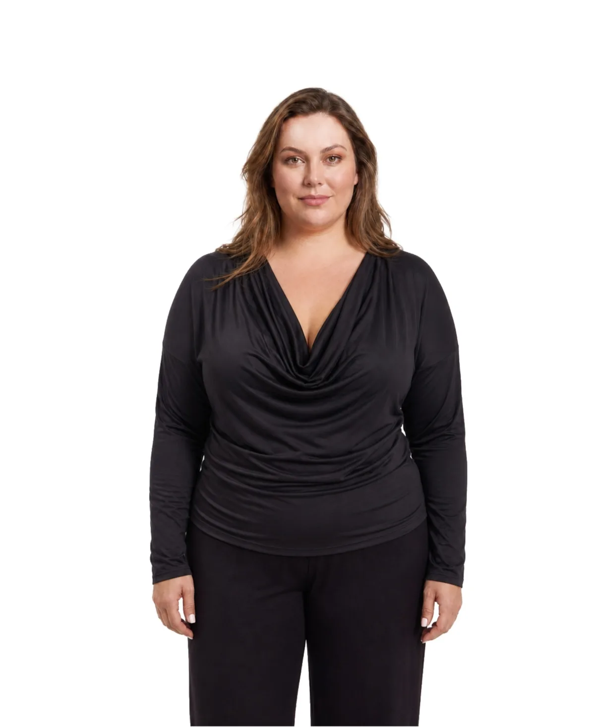 Cowl Neck Long Sleeve Shimmery Top by 24seven Comfort Apparel
