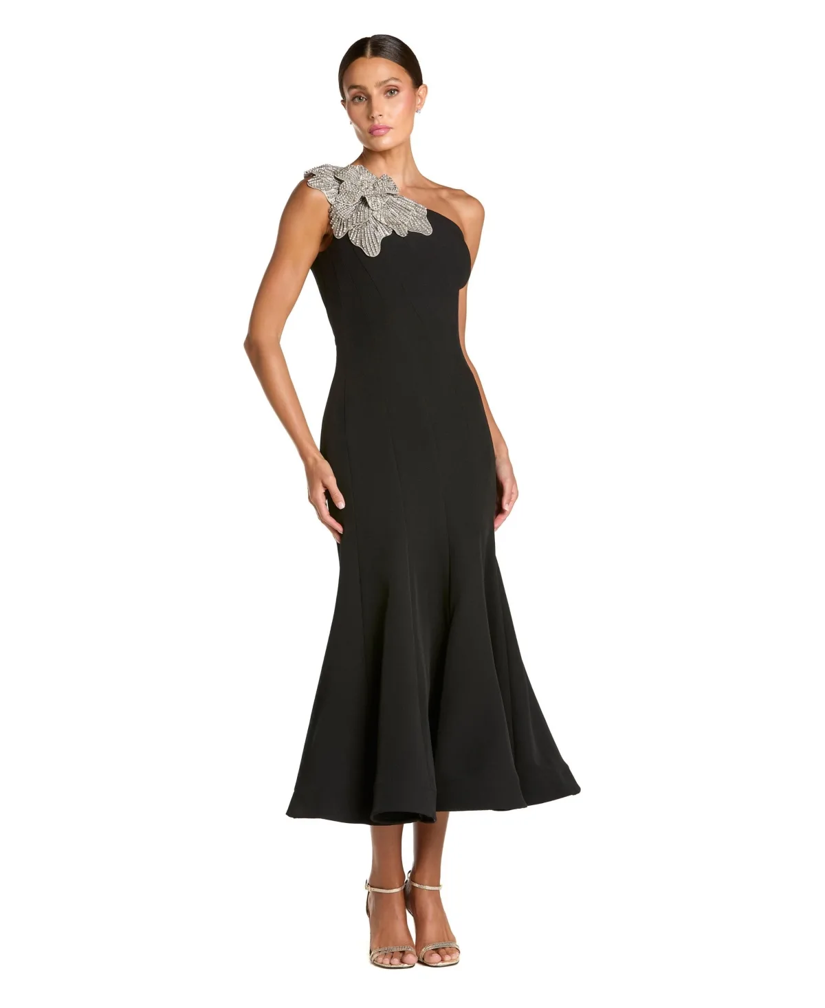 Crepe One Shoulder Mermaid Midi Dress with Flower by M.A.C.