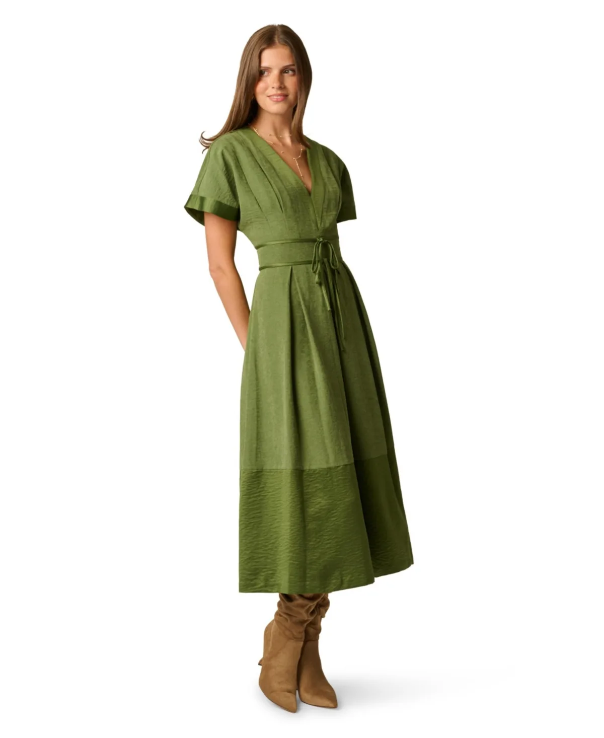 Satin Waist Tie V-Neck A-Line Short-Sleeve Dress by Adrianna Papell