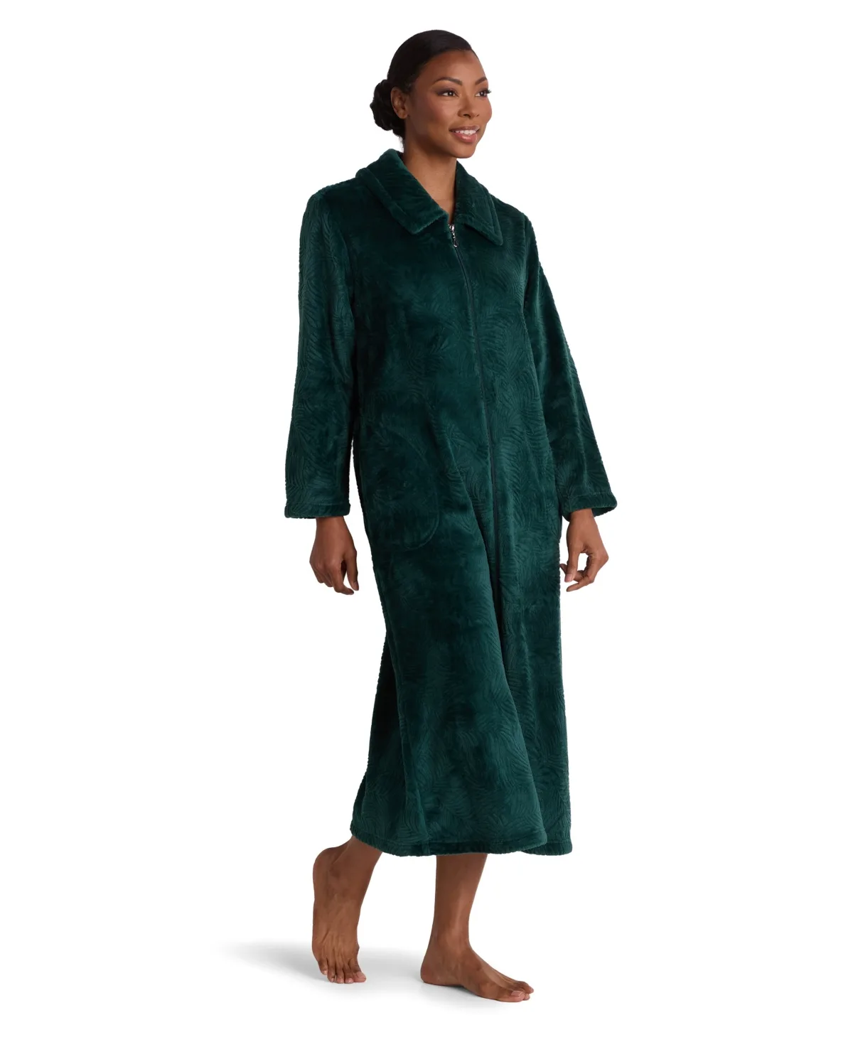 Fleece Knit Zip-Front Long Robe by Miss Elaine