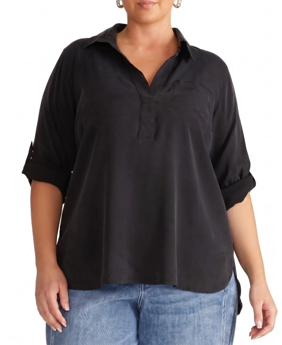 Cupro-Blend Long-Sleeve Split V-Neck High-Low Polo Shirt by Universal Standard