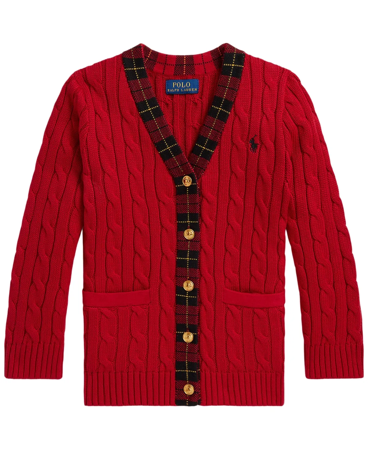 Plaid-Trim Cable-Knit Cotton Cardigan by Polo Ralph Lauren