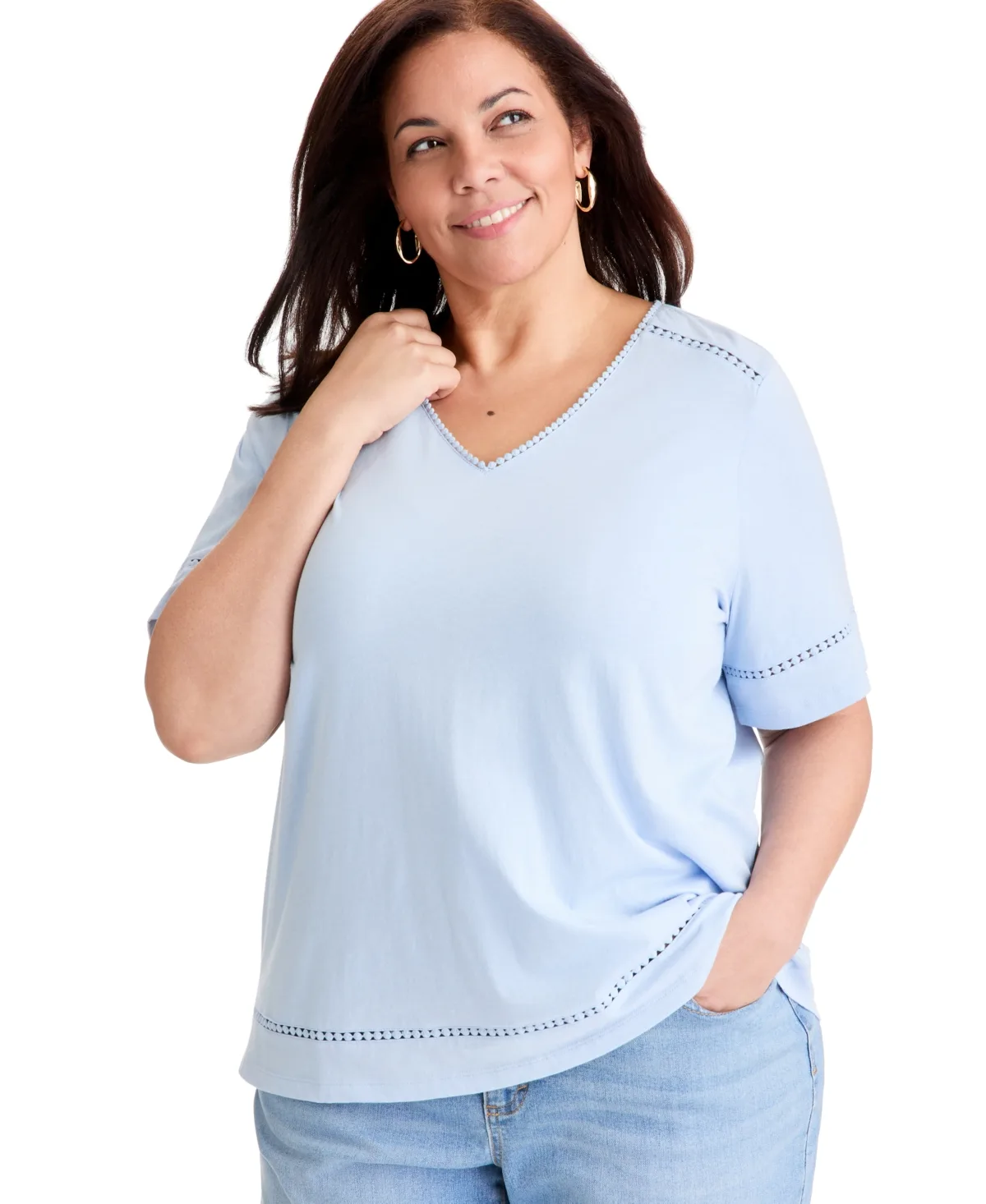 V-Neck Short-Sleeve Pom-Pom Trim T-Shirt by Style & Co