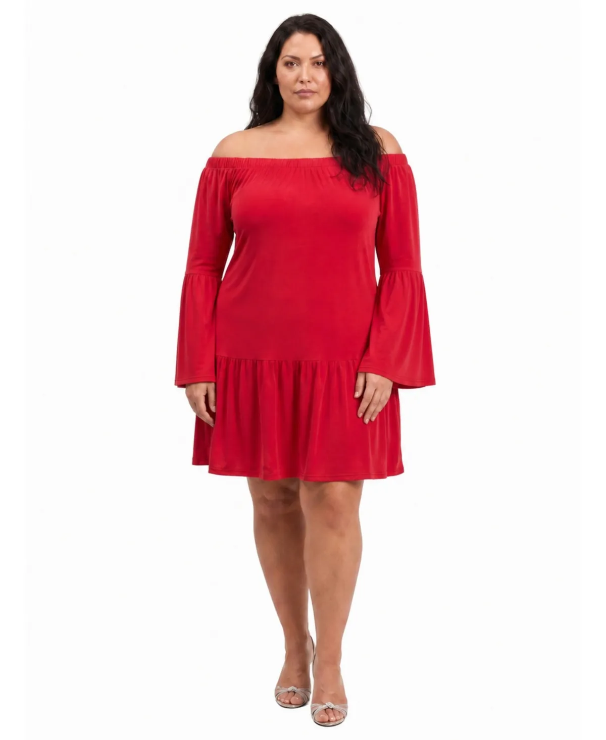 Off-the-Shoulder Long-Sleeve Bell-Sleeve Mini Dress by 24seven Comfort Apparel