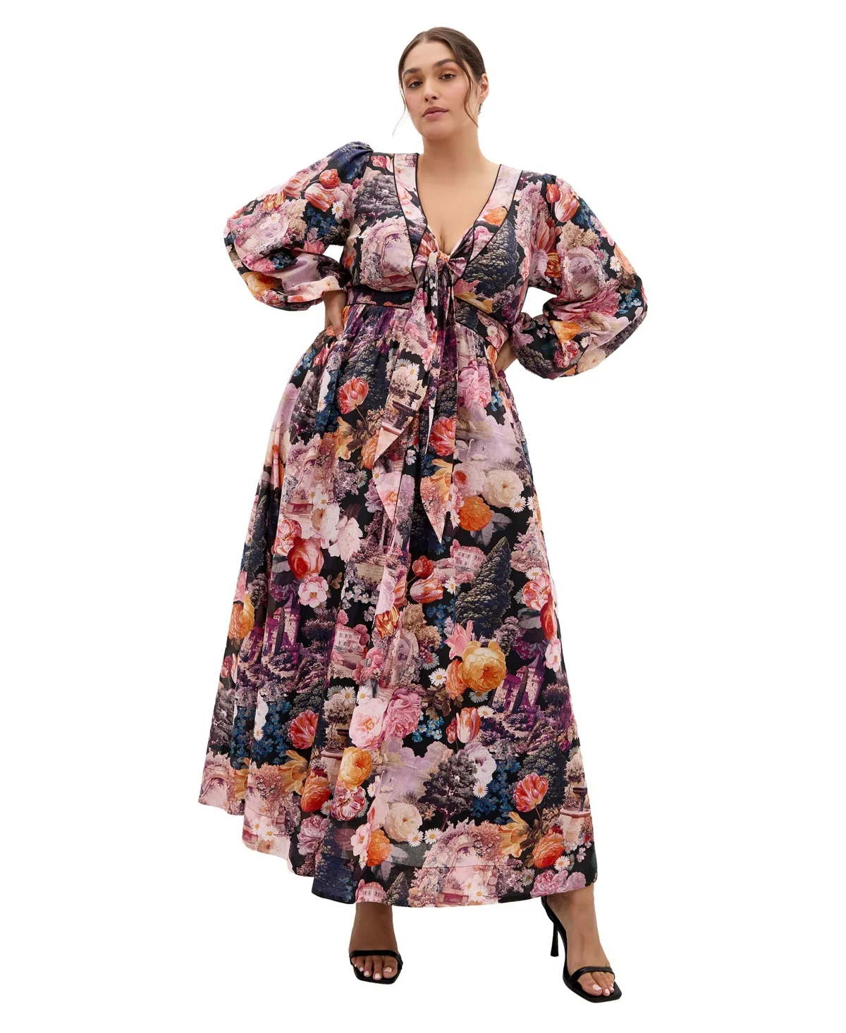 Sheer Bloom Print V-Neck Tie-Front Maxi Dress by City Chic