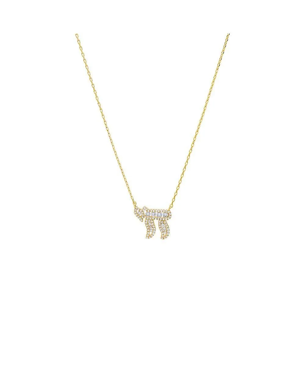 Mini Cz 14K Gold Plated Pave Chai Pendant Necklace by By Adina Eden