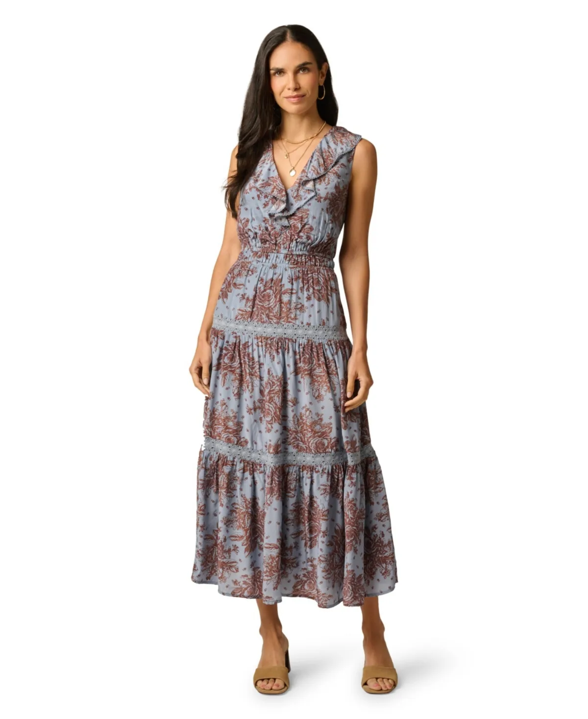 Floral-Print Ruffle-Neckline Puff-Sleeve Dress by Adrianna Papell