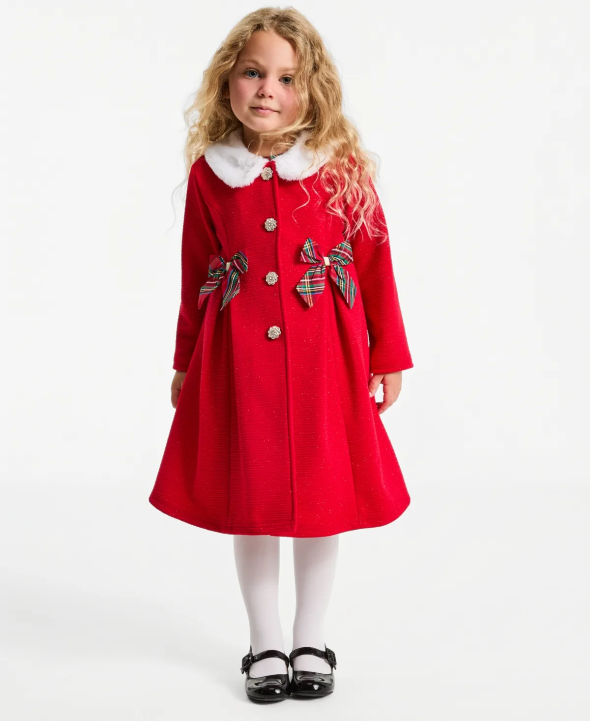 Plaid Pleated-Skirt Faux-Fur Collar Coat and Dress, 2-Piece Set by Blueberi Boulevard
