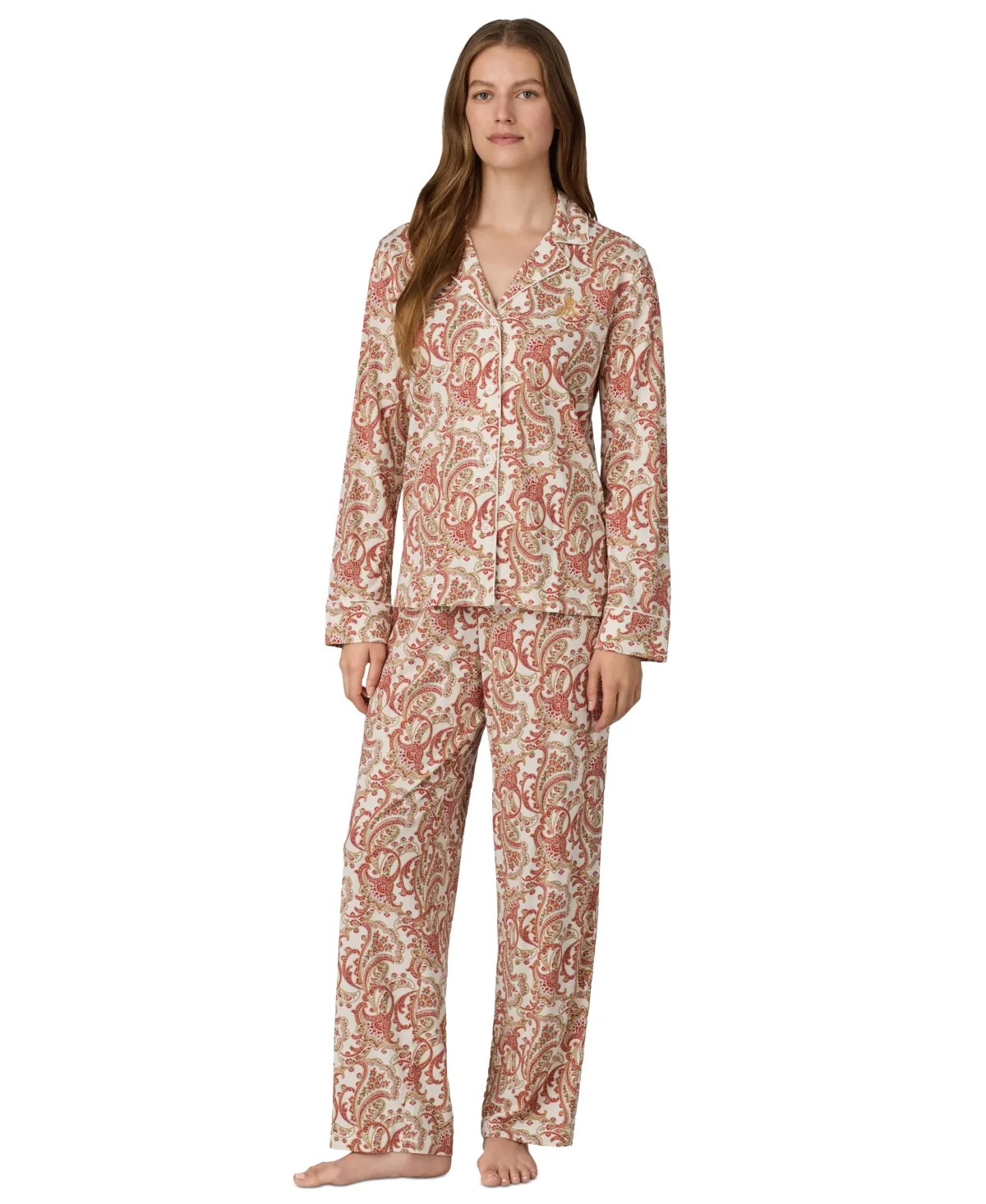 Classic Knits Long-Sleeve Notch-Collar Button-Front Top and Pants, 2-Piece Set by Ralph Lauren