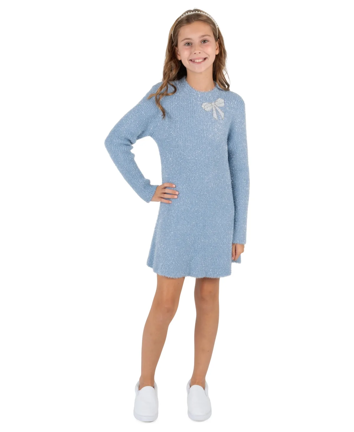 Long-Sleeve Fit-and-Flare Sweater Knit Dress with Rhinestone Bow Trim by Rare Editions