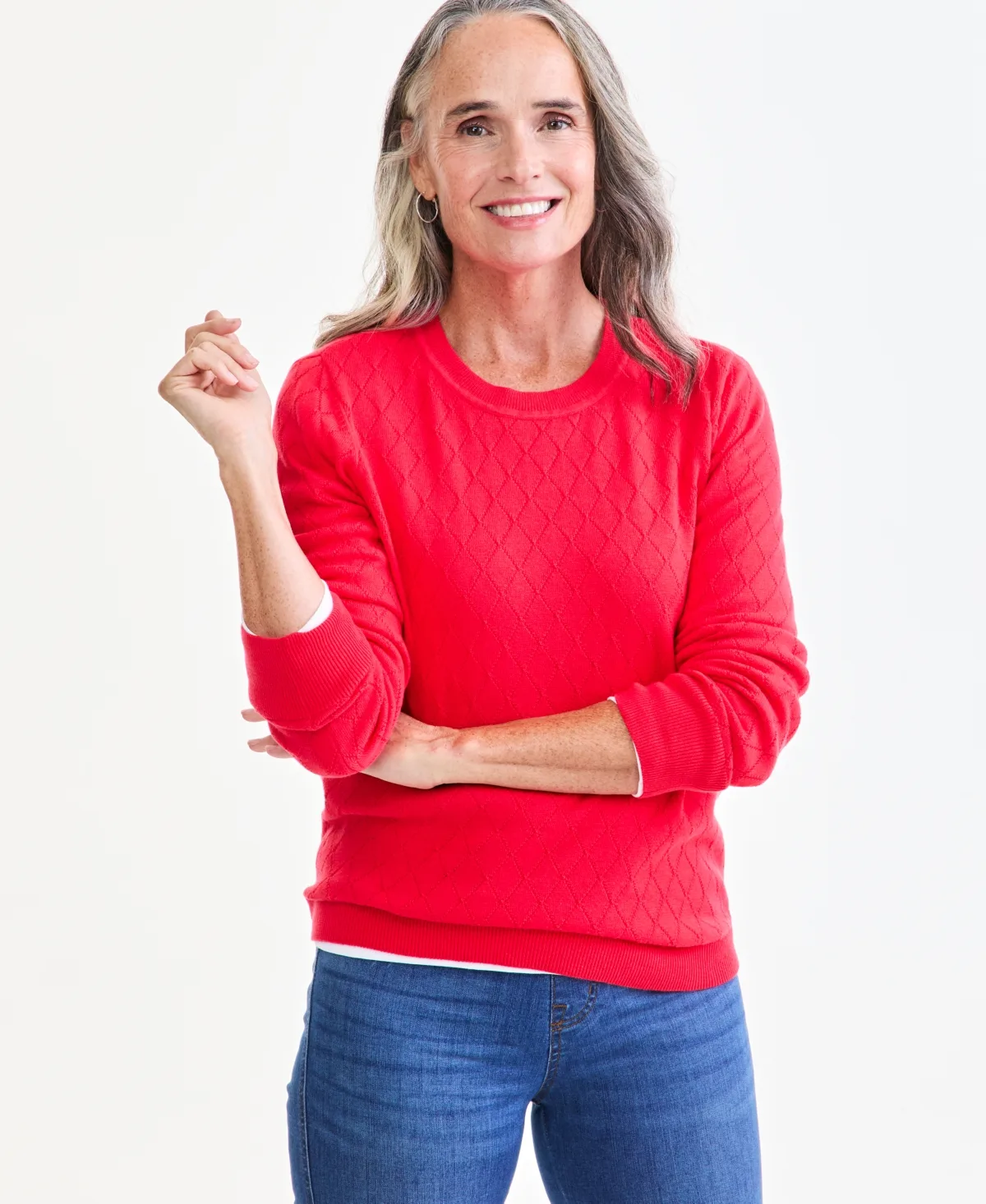 Solid Curved Hem Crew Long-Sleeve Mixed-Textured Stitch Sweater by Style & Co