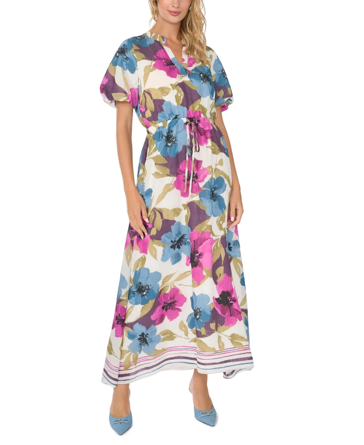 Floral-Print Split-Neck Puff-Sleeve Maxi Dress by Vince Camuto