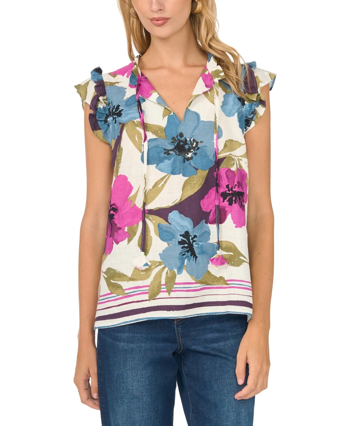 Blossom Rain Floral-Print Split Neck Flutter-Sleeve Rayon-Blend Blouse by Vince Camuto