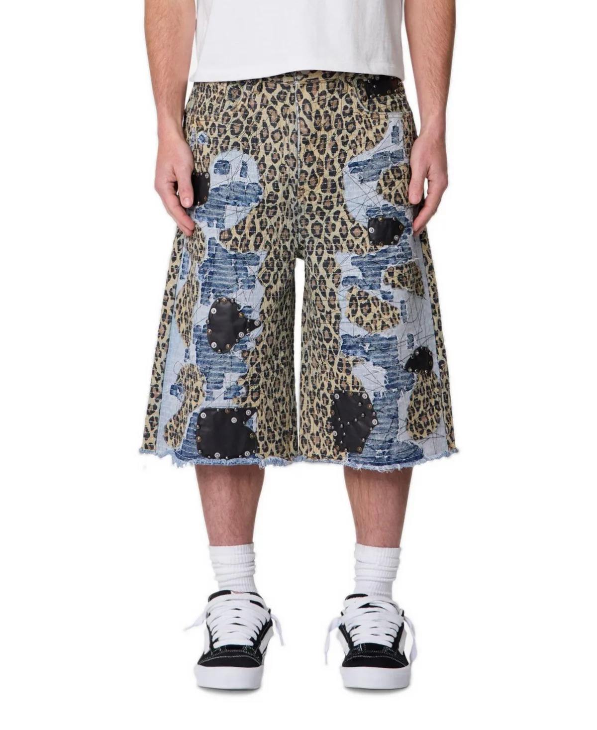 Ultra Baggy Cheetah Boro Raw-Hem Denim Shorts, 14 Inseam by Mnml
