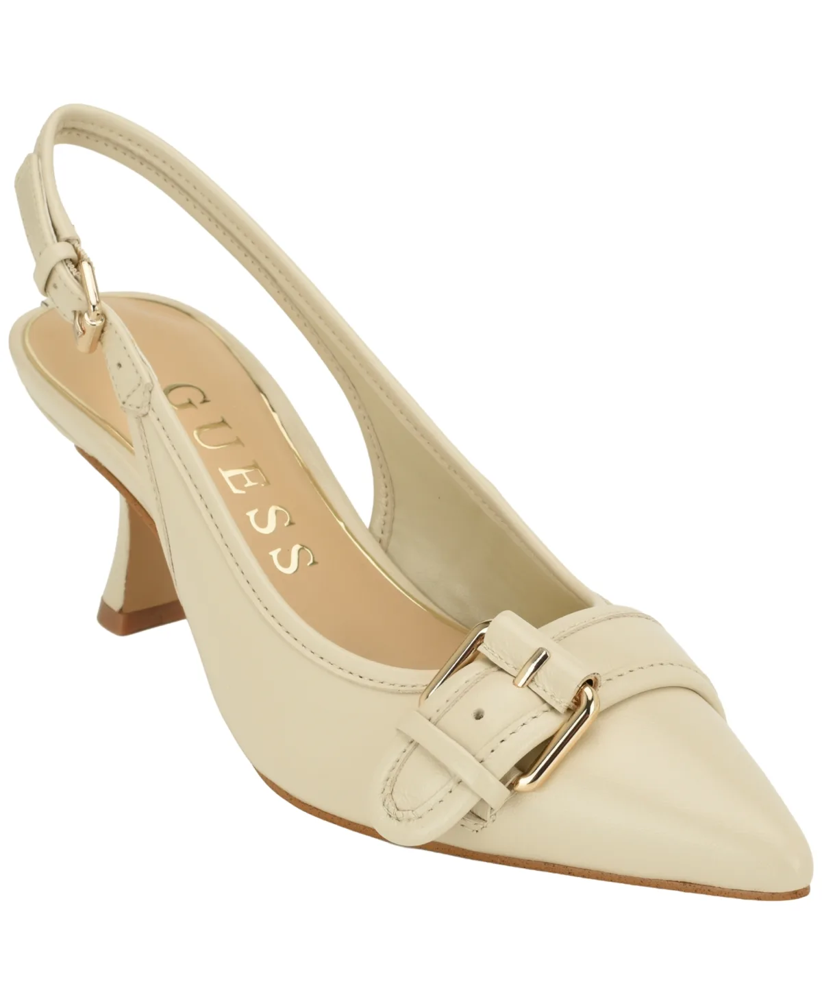 Andela Pointed Toe Slingback Flared Heel Pumps - Bone Leather by GUESS