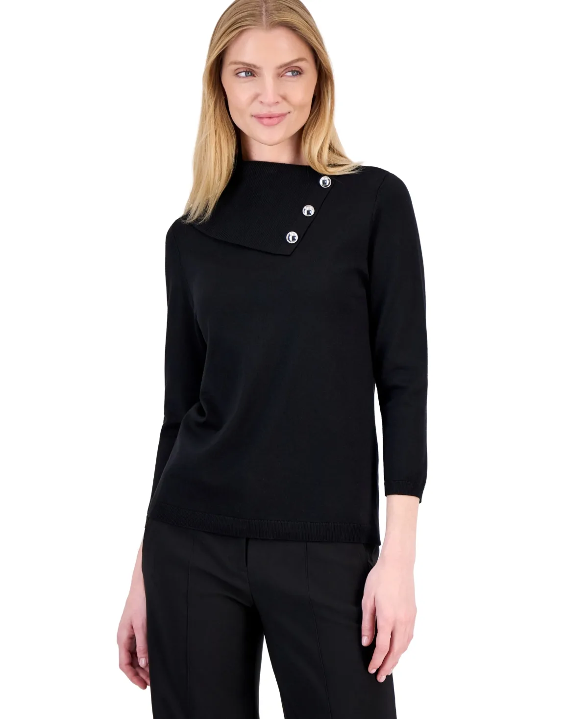 Split-Neck 3/4-Sleeve Pullover Sweater by Kasper