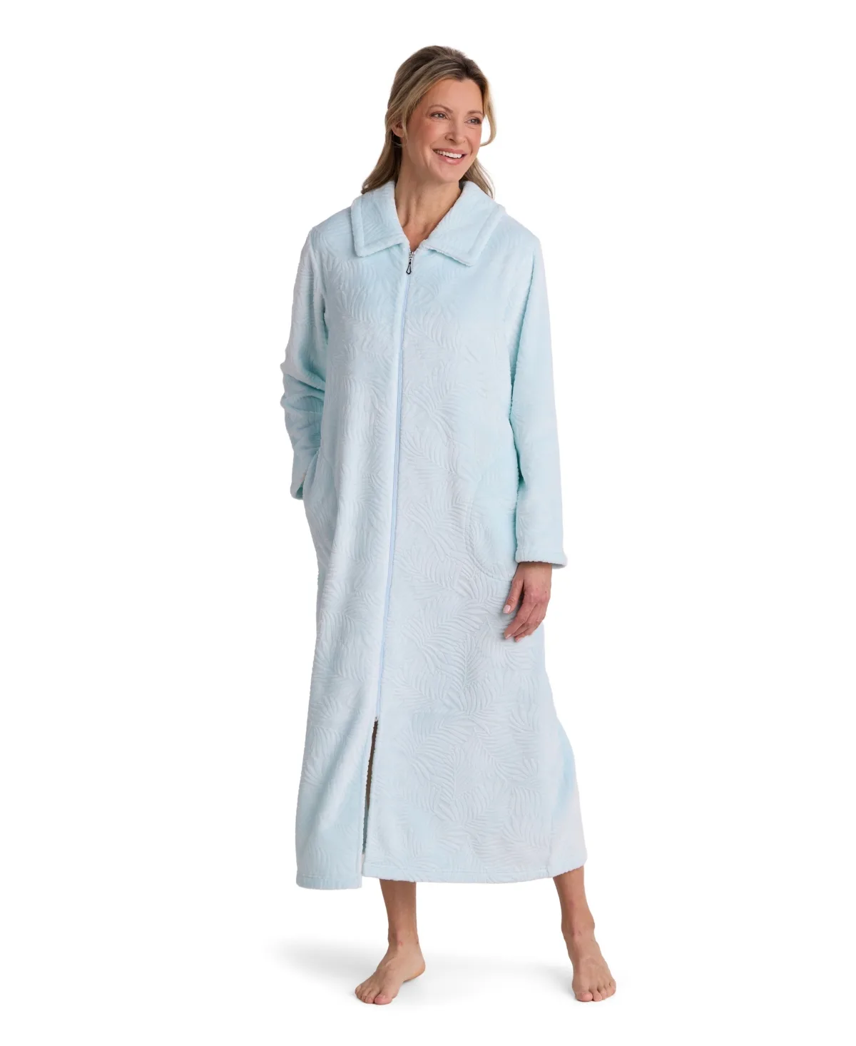 Long-Sleeve Fleece Knit Zip-Front Robe by Miss Elaine