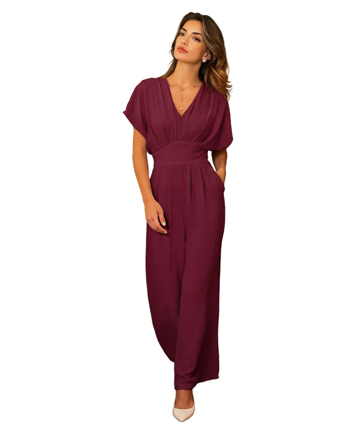 V-Neck Short Sleeve Straight Leg Jumpsuit by Cupshe