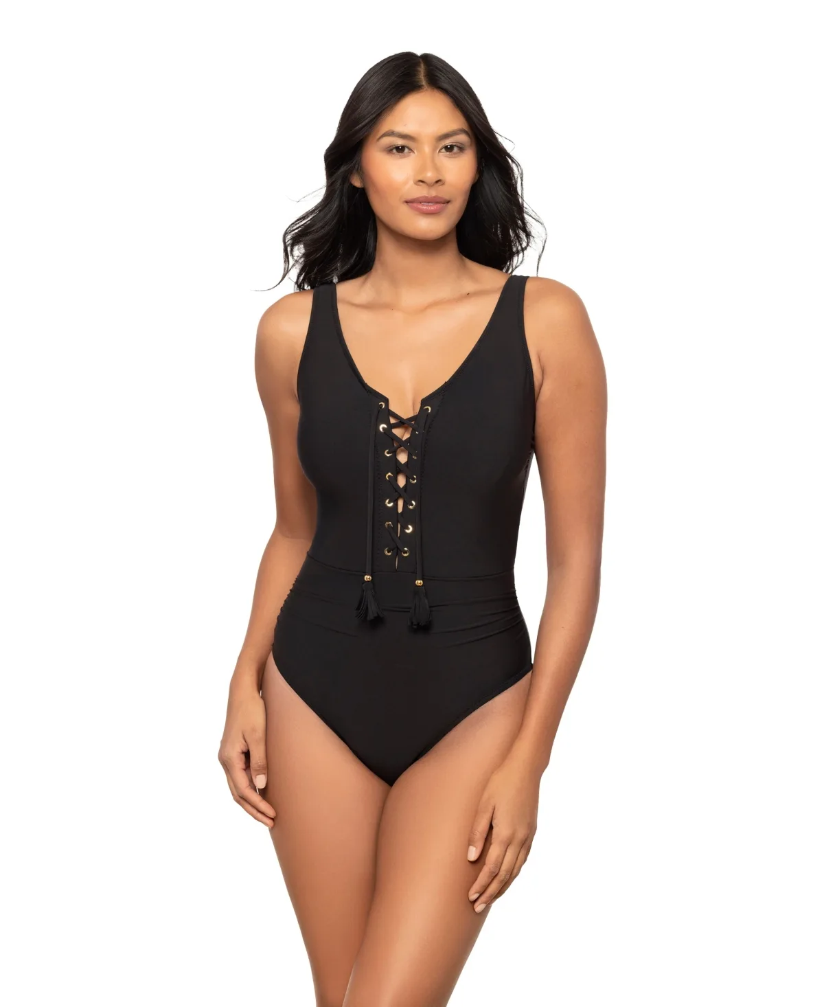 Bronte Tummy-Control V-Neck Lace-Up Plunge One-Piece Swimsuit by Magicsuit