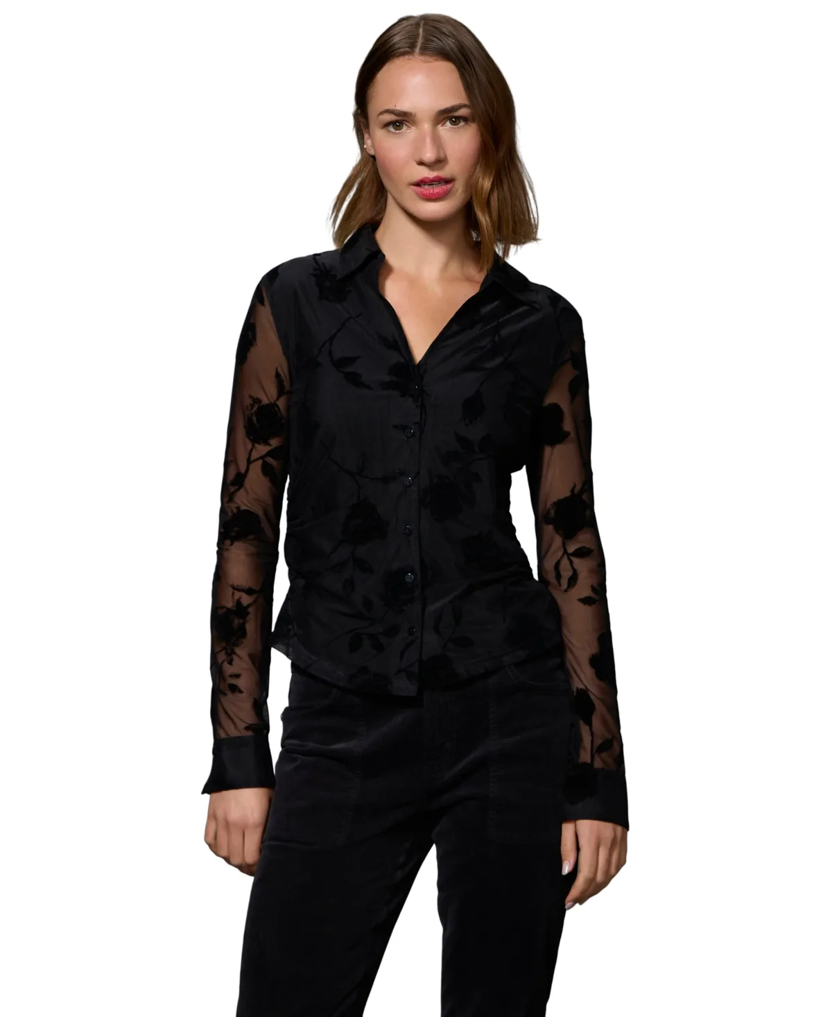 Juno Long-Sleeve Floral Sheer Button-Up Blouse by Sanctuary