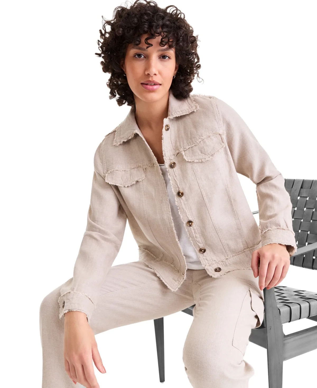 Fringe Long-Sleeve Linen Jacket by Charter Club