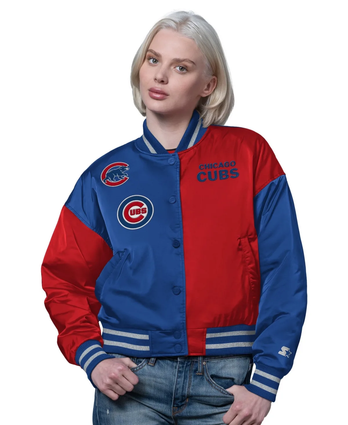 Chicago Cubs Offside Cropped Full-Snap Varsity Jacket by Starter